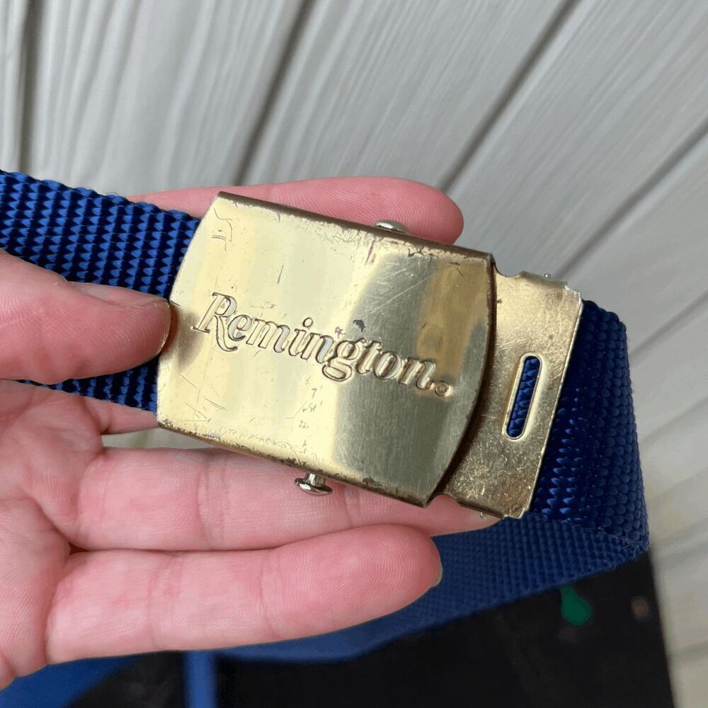Vintage 90s Remington Brass Buckle Nylon Belt Navy Blue Adjustable 46" Max
